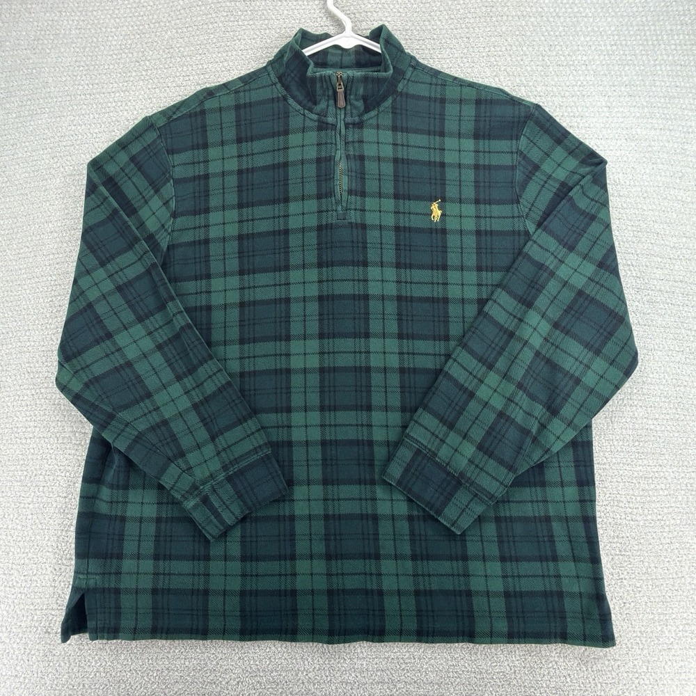 Polo Ralph Lauren Estate Rib Blackwatch Plaid 1/4 Zip Pullover Mens XL Green
